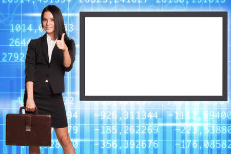 Business lady with suitcase showing ok on abstract background with empty square shape placeの写真素材