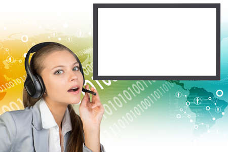 Businesswoman in earphones looking at camera on abstract blue background with molecule