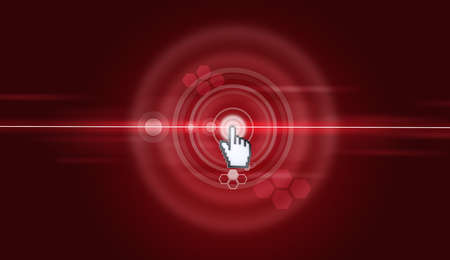 Cursor clicking on virtual abstract red screen. Technology background