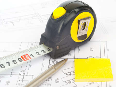 Tape measure with sticker on draft backgroundの写真素材