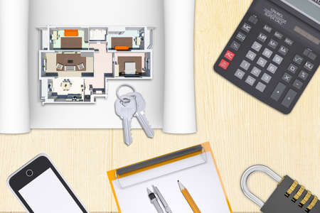 Model plan of flat with folder on wooden table with coffeeの写真素材
