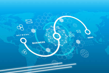 Molecule with business words on abstract blue background