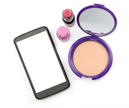 Cosmetics with smartphone on isolated white backgroundの写真素材