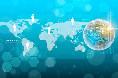 Earth globe with molecule on abstract blue background.