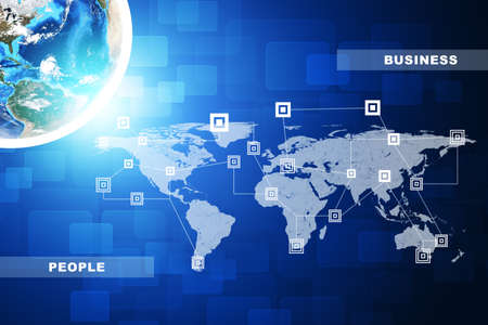 Earth with business words on abstract blue background with world map. 