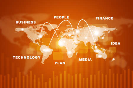 World map with business words on abstract red backgroundの写真素材