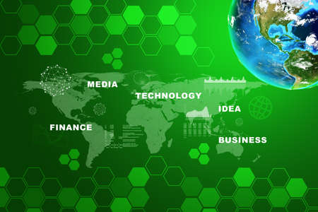 Earth with business words and icons on abstract background with world map. の写真素材