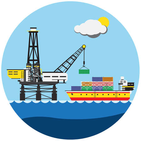Colorful picture of building crane with ship in roundのイラスト素材