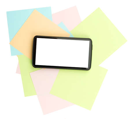 Smartphone on stickers on isolated white backgroundの写真素材