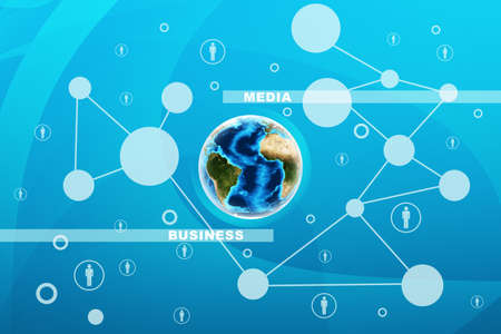 Earth with circles and business words on abstract blue background.の写真素材