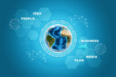 Earth with graphs and molecule on abstract blue background. の写真素材