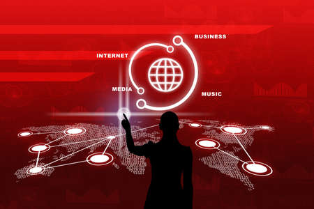 Businesswomans silhouette touching virtual holographic screen with world map and graphsの写真素材