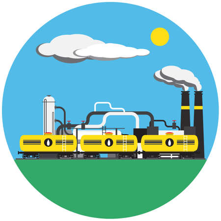 Colorful factory with train picture in round, vector illustrationのイラスト素材