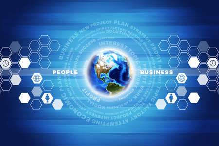 Earth with business words on abstract blue background with world map. Elements of this image furnished by NASAの写真素材