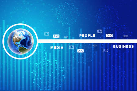 Earth with business words on abstract blue background with world map. Elements of this image furnished by NASAの写真素材
