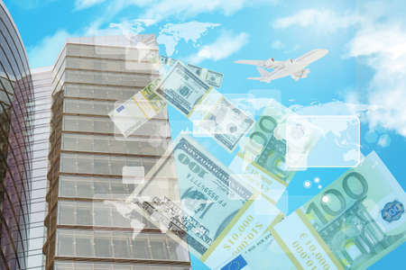 Business center with world map and charts on blue sky backgroundの写真素材