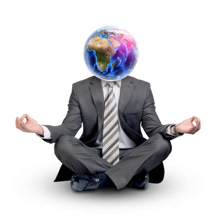 Businessmans body with Earth instead head on isolated white background. Elements of this image...