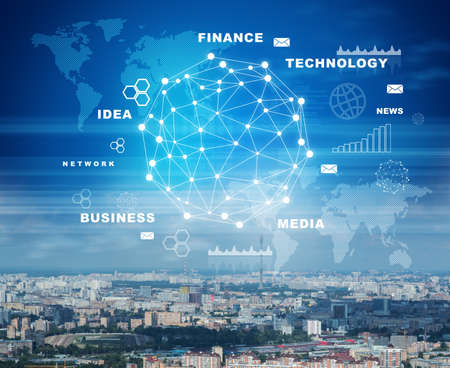 Cityscape with world map and computer iconsの写真素材