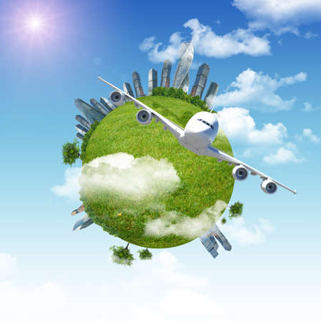 Earth with city and jet and blue sky background