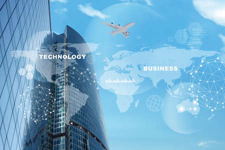 Business city with world map and jet on blue sky backgroundの写真素材