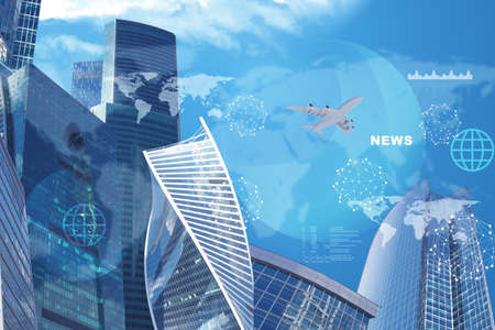 High-rise buildings with jet on blue sky backgroundの写真素材