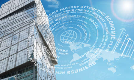 High-rise buildings with arrows on blue sky backgroundの写真素材