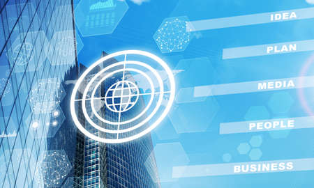 High-rise buildings with globe icon and molecules on blue sky backgroundの写真素材