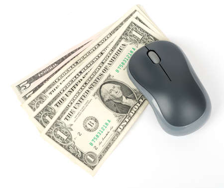 Computer mouse with cash on isolated white background, close up viewの写真素材
