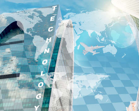 Business center with world map and words on blue sky backgroundの写真素材