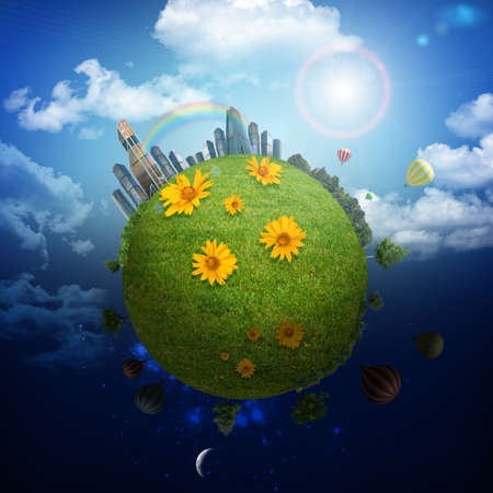 Earth with sun and moon on blue sky background
