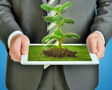 Businessman holding tablet with plant on blue backgroundの写真素材