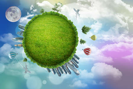Green globe with city on colorful background with clouds