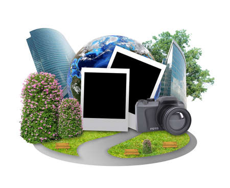 Blank cards with earth on isolated white backgroundの写真素材