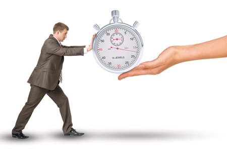 Hand giving timer to businessman on isolated white backgroundの写真素材