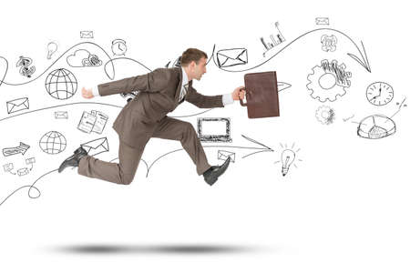 Businessman running fast with suitcase on isolated white backgroundの写真素材