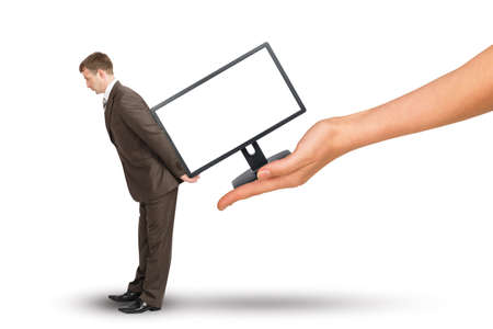 Hand giving monitor to businessman on isolated white backgroundの写真素材