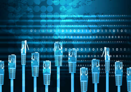 Computer cables with world map on abstract blue background
