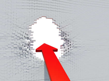 Wall crash arrow with white hole and bricksの写真素材