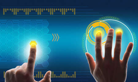 Humans hands touching holographic screen with world map