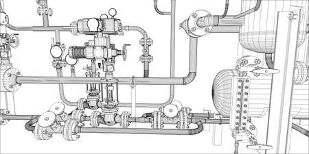 Illustration of equipment for heating system with pipes on white, close up viewのイラスト素材