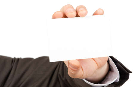 Businessman showing small blank paper on isolated white background, closeupの写真素材