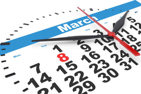 Calendar with clock with march date, close up viewの写真素材