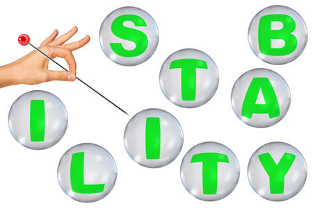 Word stability in bubbles and female hand with needle try to blow out bubbles isolated on white...