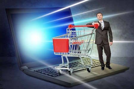 Open black laptop with blank screen in bubble on abstract backgroundの写真素材