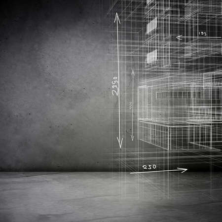 Grey background with 3d model sketch of houseの写真素材