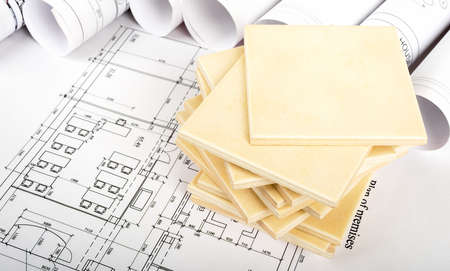 Tile on blueprint and blueprint rolls background