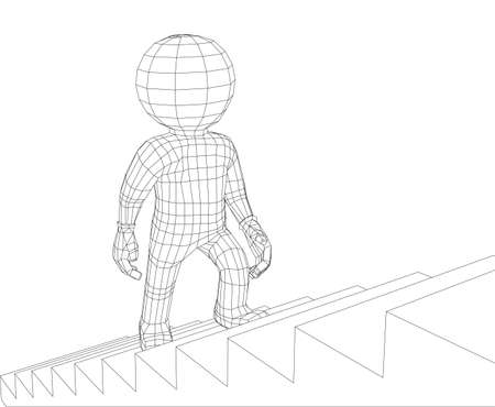 Puppet 3d man walking up stairs isolated on white background, side view. Vector illustrationのイラスト素材