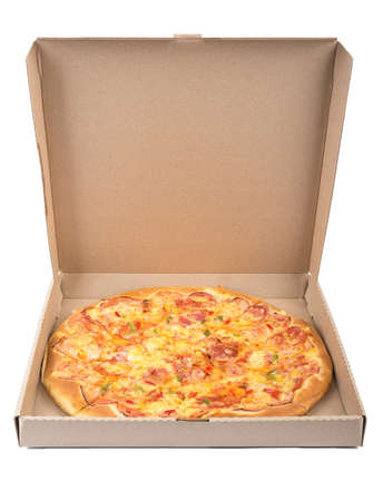 Delicious pizza in box isolated on white backgroundの写真素材