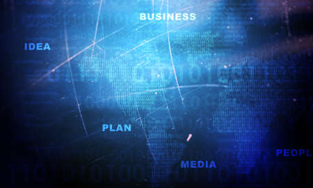 Abstract blue background with world map and figures
