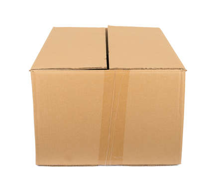 Brown cardboard box isolated on white background, close up view